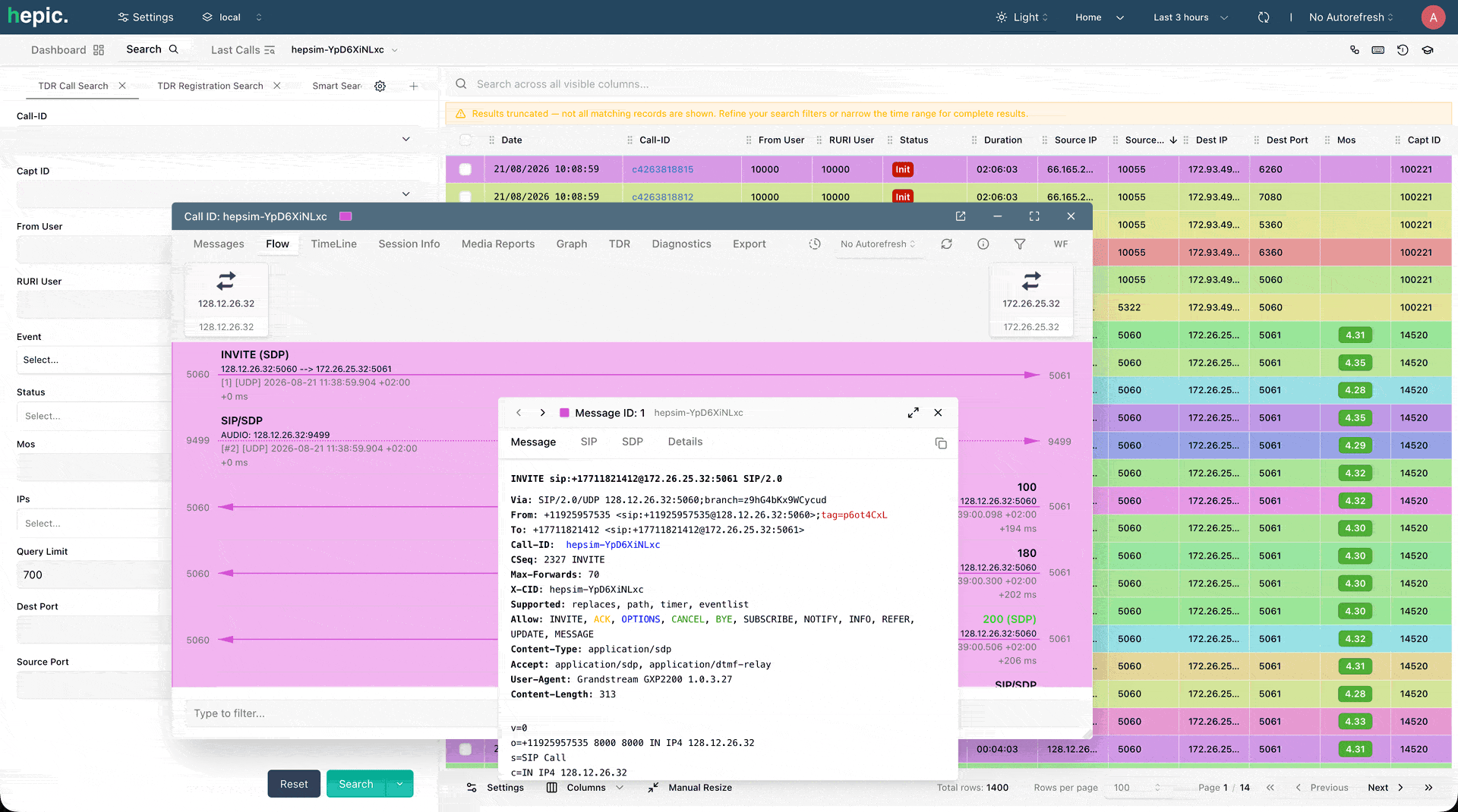 hepic UI showing a call search, a SIP flow ladder, and a parsed INVITE message.